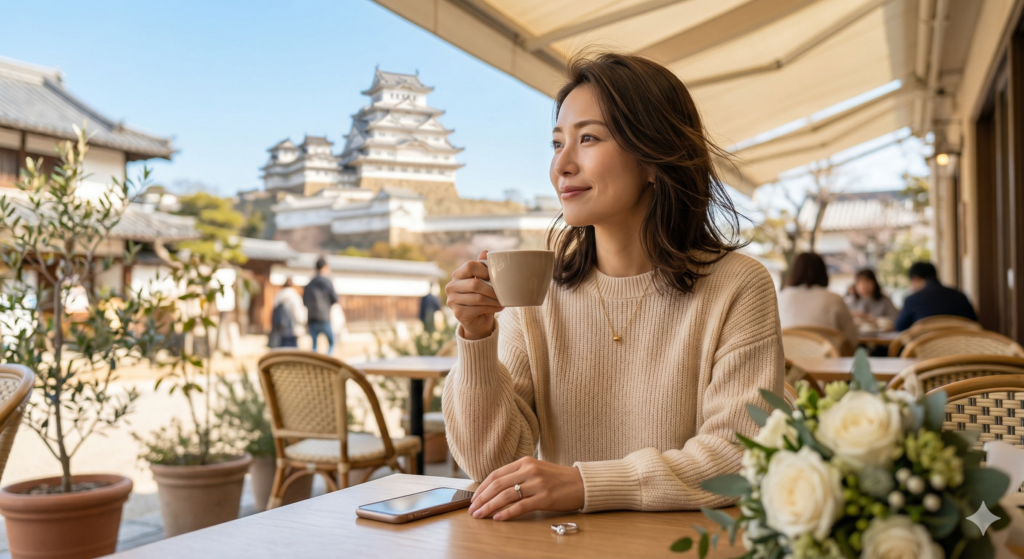 姫路で婚活をする30代女性のイメージ。姫路城が見えるカフェにて。