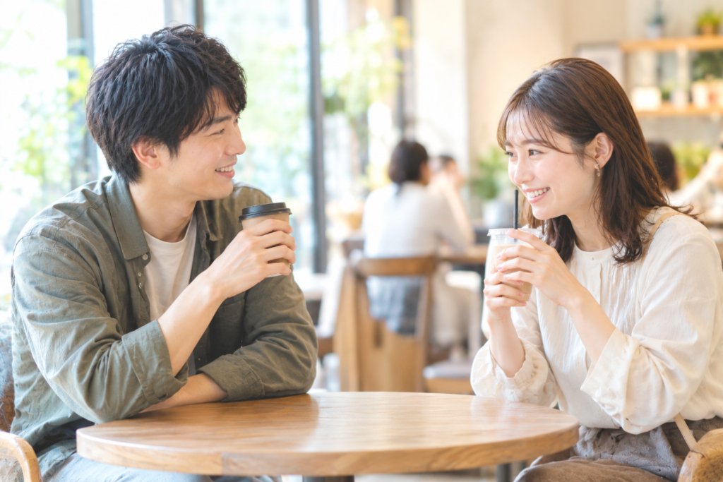 婚活イベントの1対1トークタイムで男女がゆっくり会話する様子